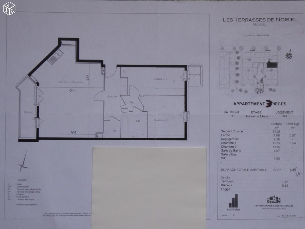 Appart 3P 76.67m², 06/2012, Dble parking, terrasse