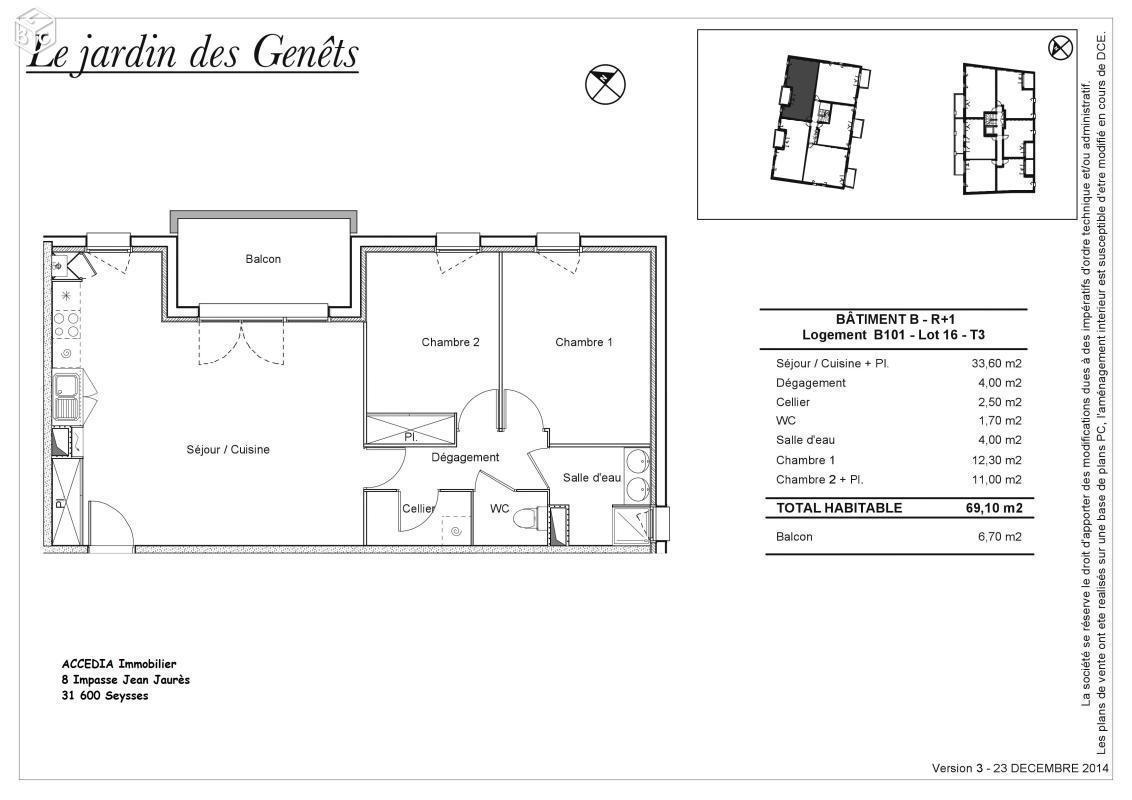 centre T3 NEUF 69 m² balcon, parking