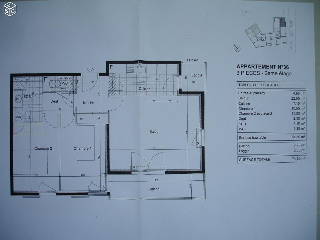 Appart. 3 pièces 64 m2(carrez) + 2 parkings s-sol