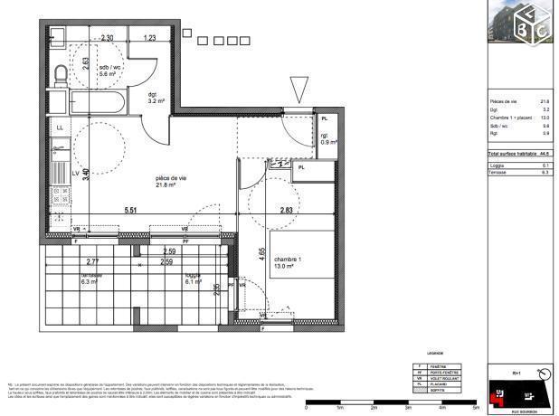 T2 neuf 44,5m², terrasse 12,4m² bassin à flot