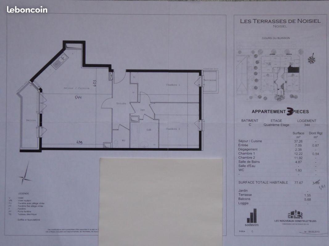 Appart 3P 76.67m², 07/2012, Dble parking, terrasse