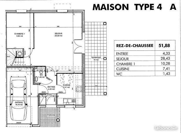 Maison 4 pièces 86m2+garage+place parking+jardin